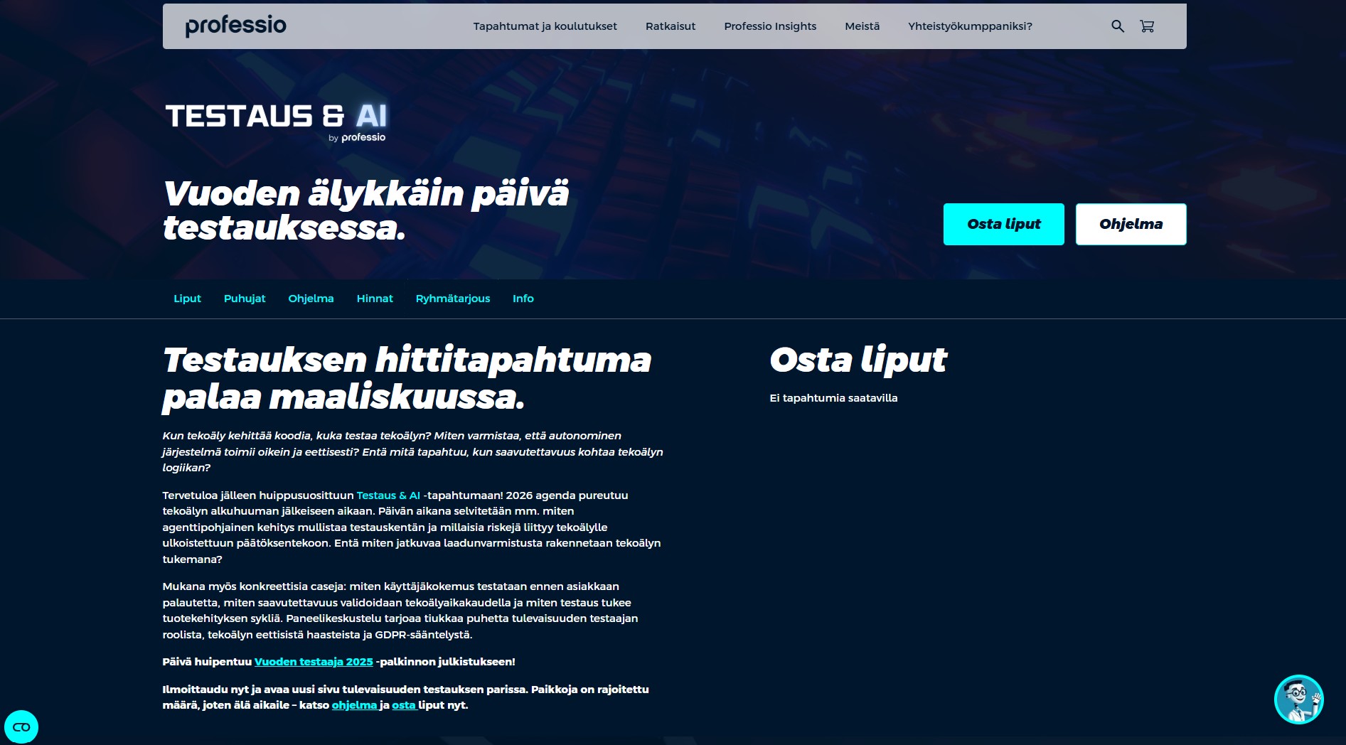 A screenshot advertising the event "Testaus ja AI"