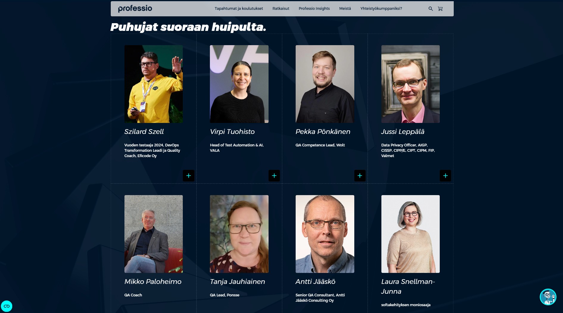A screenshot of speakers in the event "Testaus ja AI"